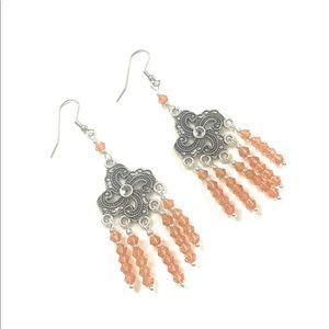 Orange and Silver Chandelier Beaded Earrings